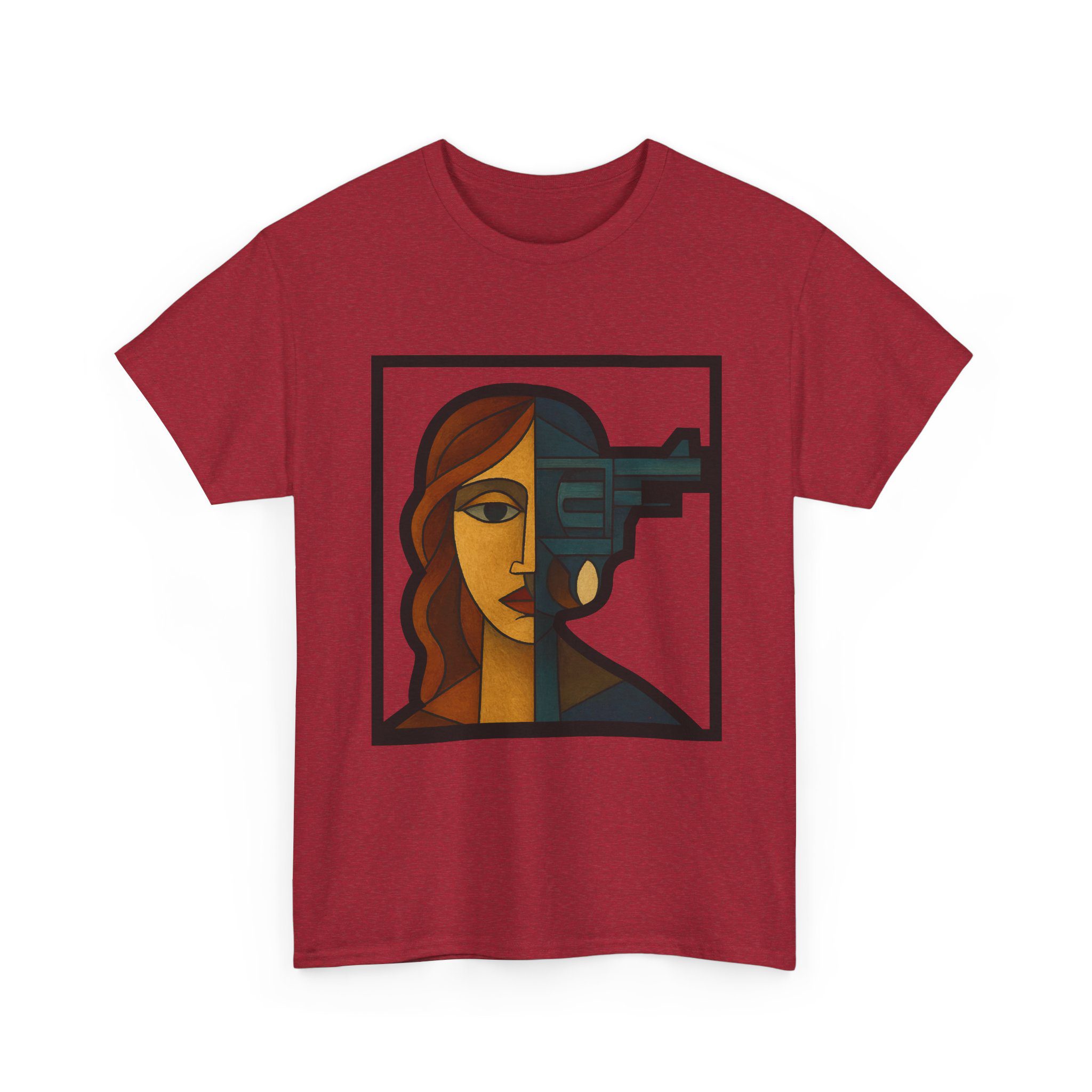 a woman–revolver face t shirt