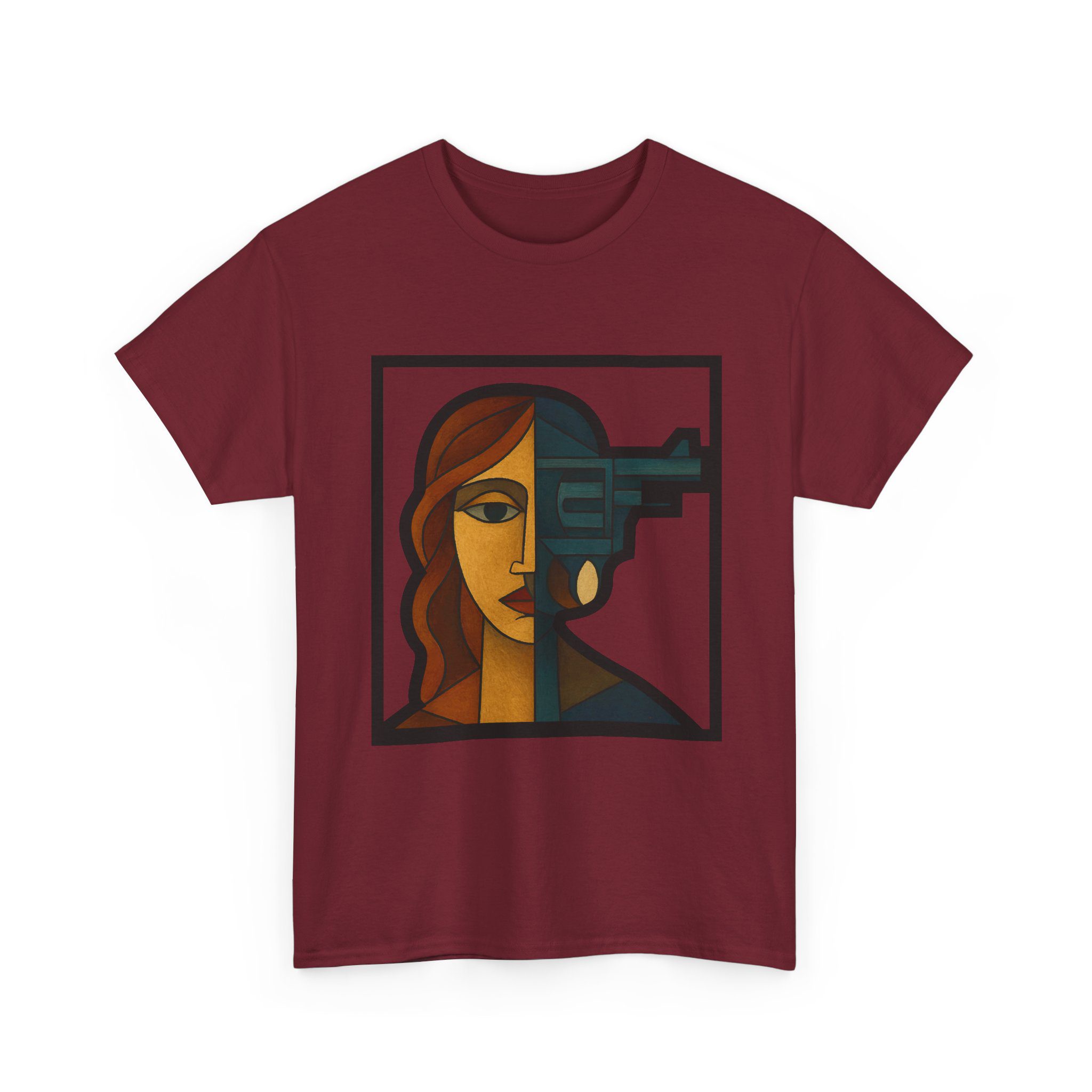 a woman–revolver face t shirt