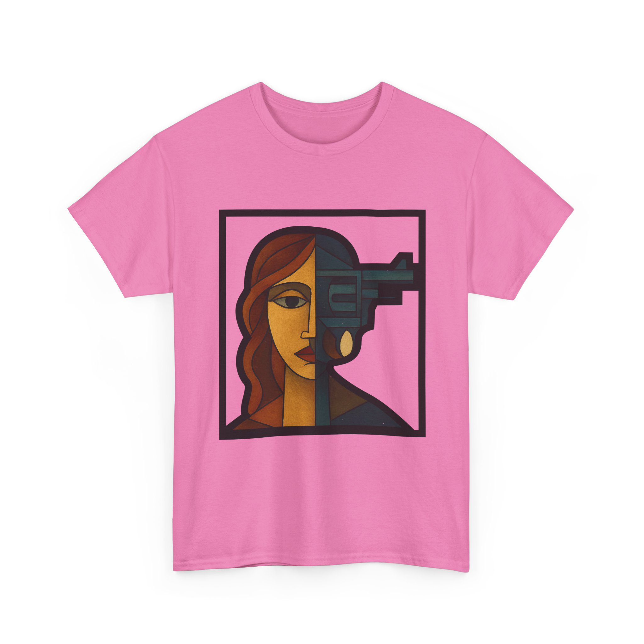 a woman–revolver face t shirt