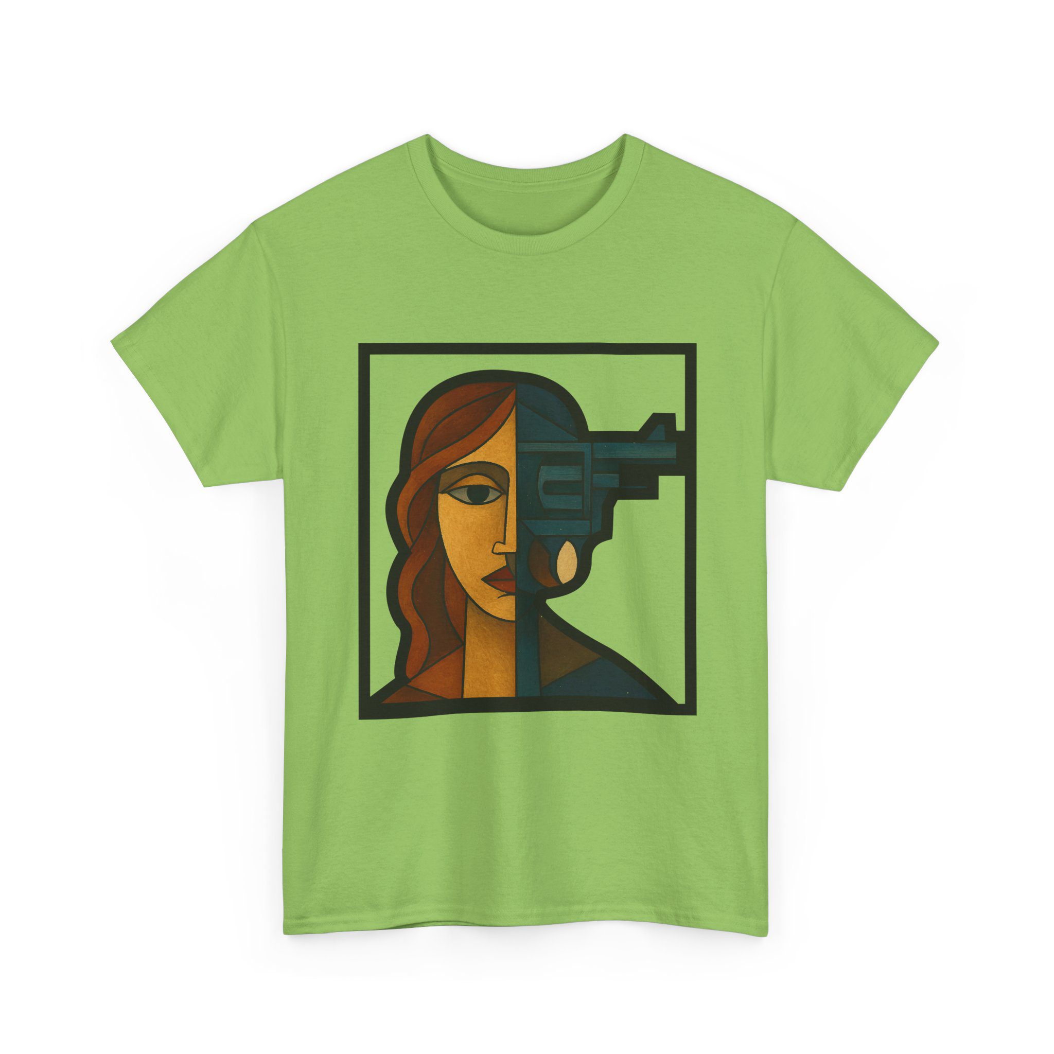 a woman–revolver face t shirt