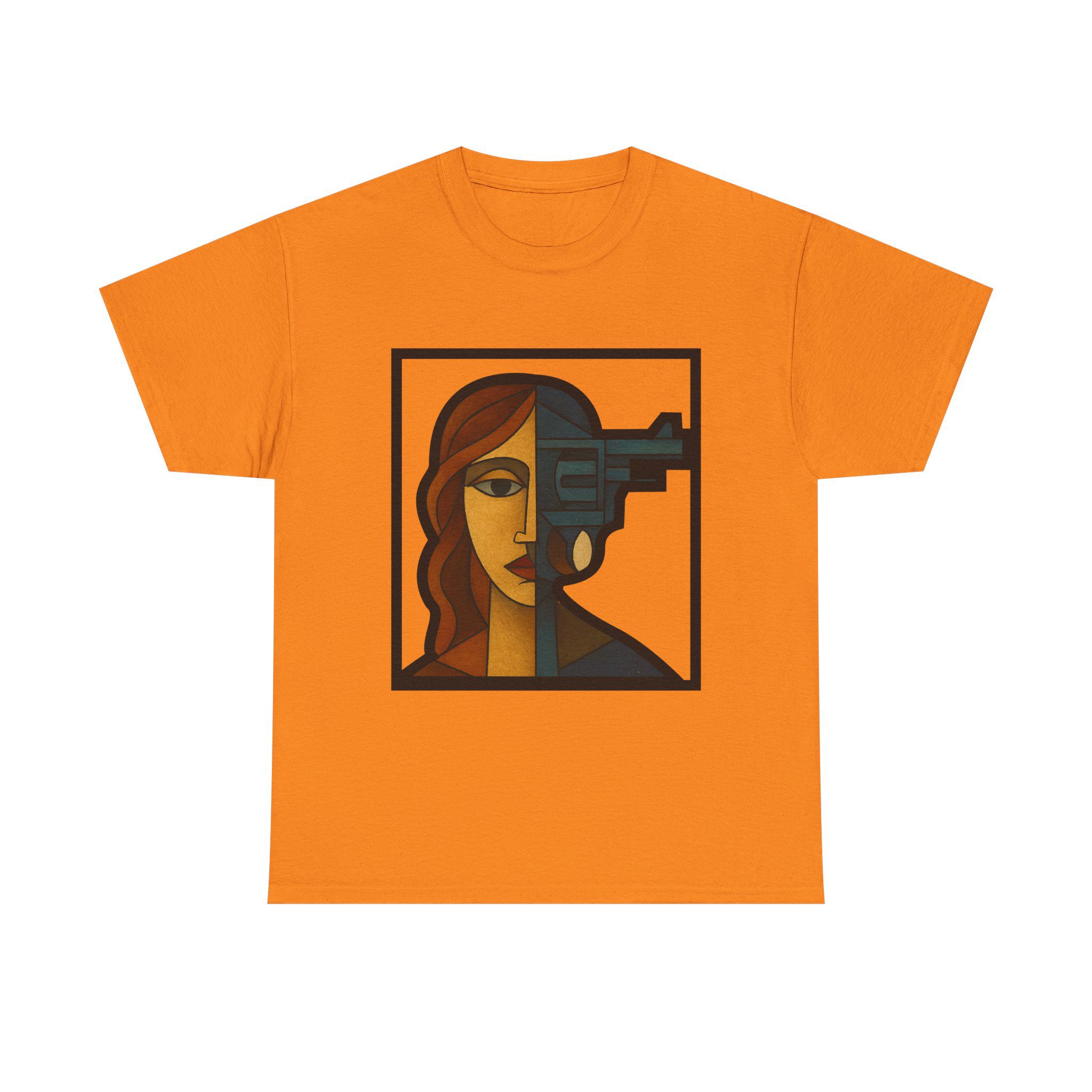 a woman–revolver face t shirt