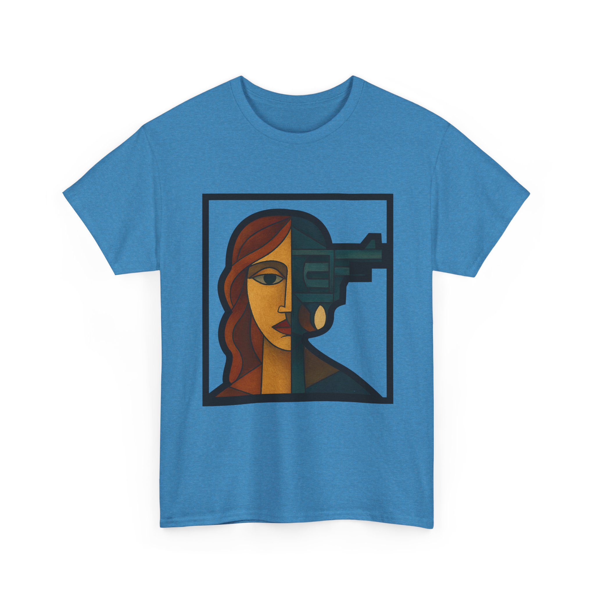 a woman–revolver face t shirt
