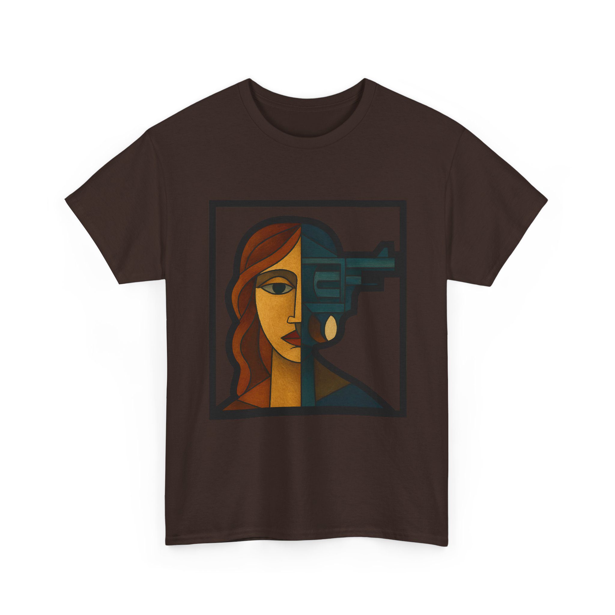 a woman–revolver face t shirt